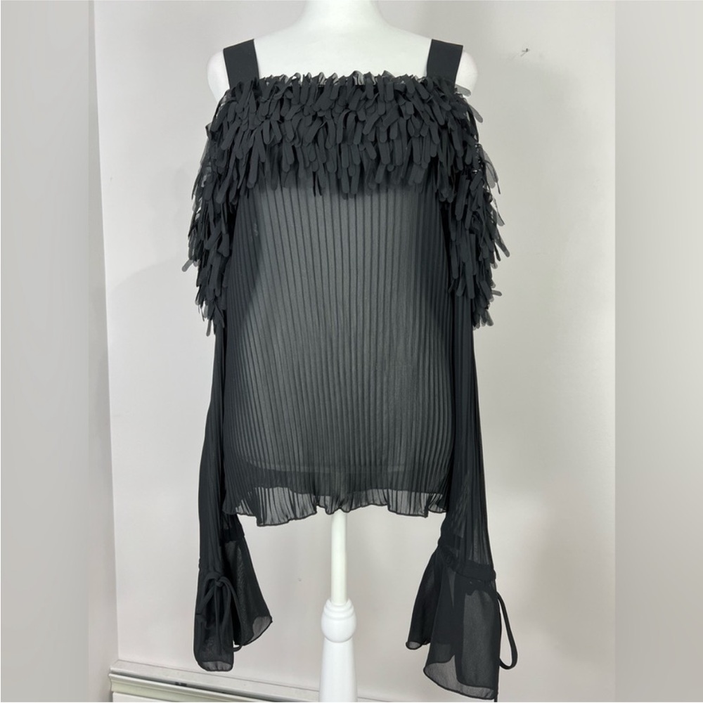 RAG Black cold shoulder top with boa ruffle long sleeves size large sheer